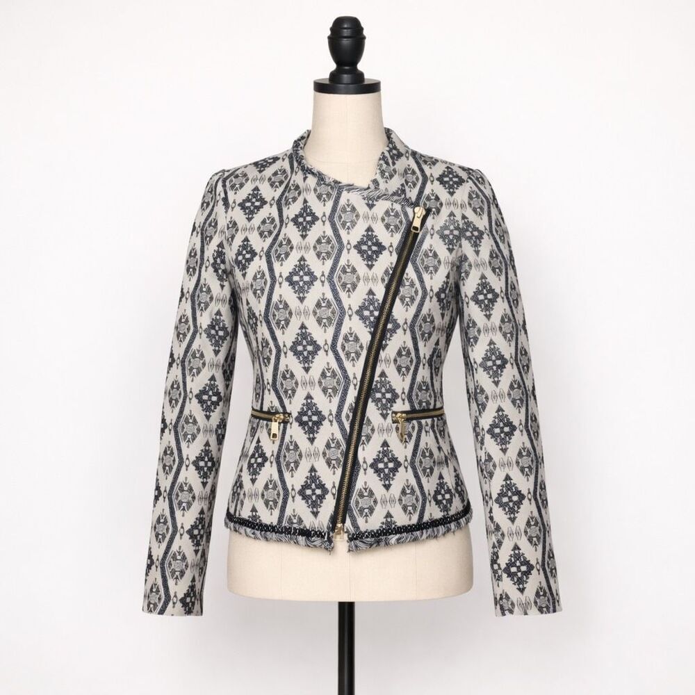 H&M Black White Geometric Moto Blazer Jacket Diagonal Zip Size 4